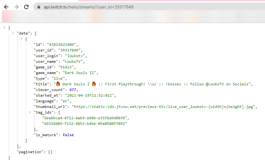 Twitch API result